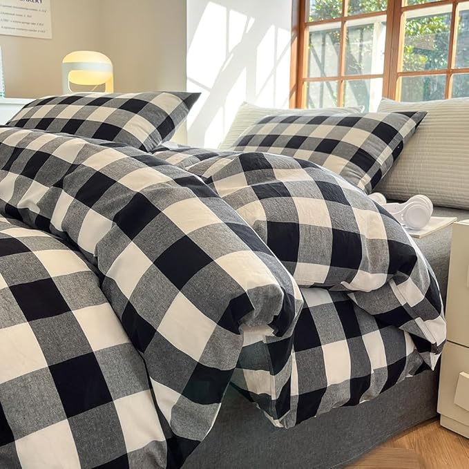FACE TWO FACE Bedding Duvet Cover Set100% Washed Cotton Duvet Cover Linen Like Textured Breathable Durable Soft Comfy (Twin, Black and White Grid)