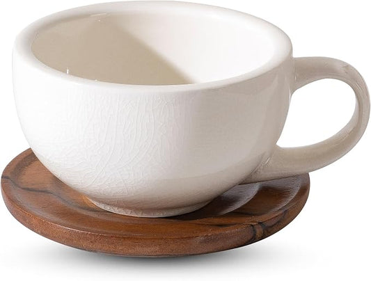 Crackle Glaze Ceramic Coffee Cup with Walnut Wood Saucer, 10oz White Latte Cappuccino Mug, Unique Handmade Cracked Exterior Glaze Espresso Coffee Mug Set for Home Café Office Cup and Saucer Set of 1