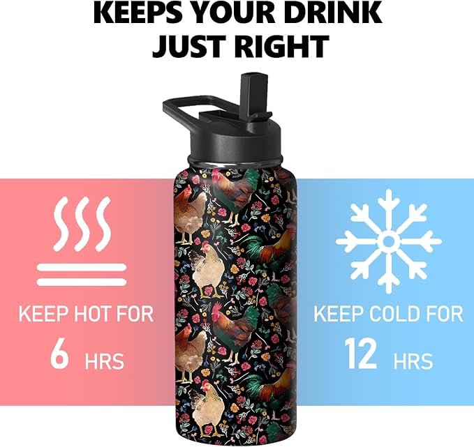 32oz Chicken Water Bottle with Handle and Flip Straw, Animal Sports Stainless Steel Insulated Cup Travel Coffee Mug Tumbler, Birthday Mothers Day Chritmas Gifts for Women