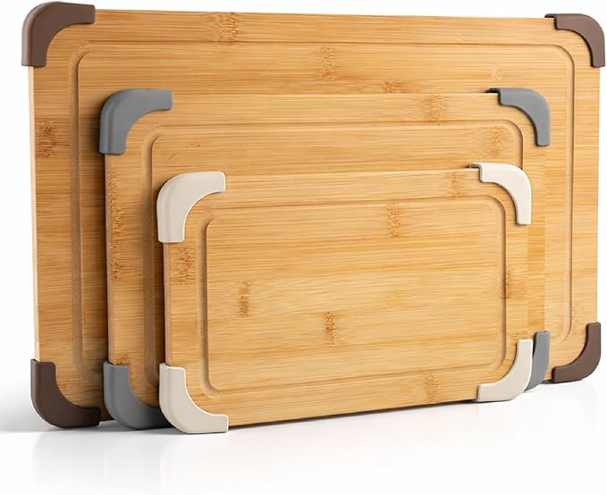 COOK WITH COLOR Non-Slip Cutting Board Set – Kitchen Essentials with Easy Grip Handle for Meat, Veggies, and Fruits, 3 Cutting Boards, Bamboo Non-Slip Brown