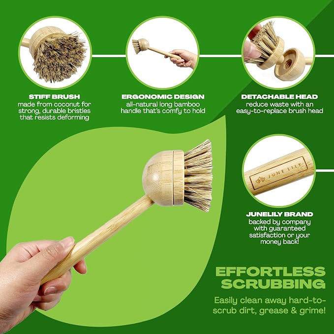 JuneLily Long Coconut Dish Brush Plant-Based Vegan for Kitchen Bathroom Cleaning Produce Washing Dishes (Long Dish Brush & Coconut Brush Head)