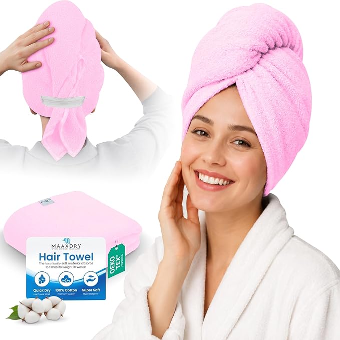 Lili&James Cotton Hair Towel Wrap for Women/Kids | Quick Dry, Soft & Absorbent Hair Wrap Towels with Double Button (Pack of 1, Pink Large)