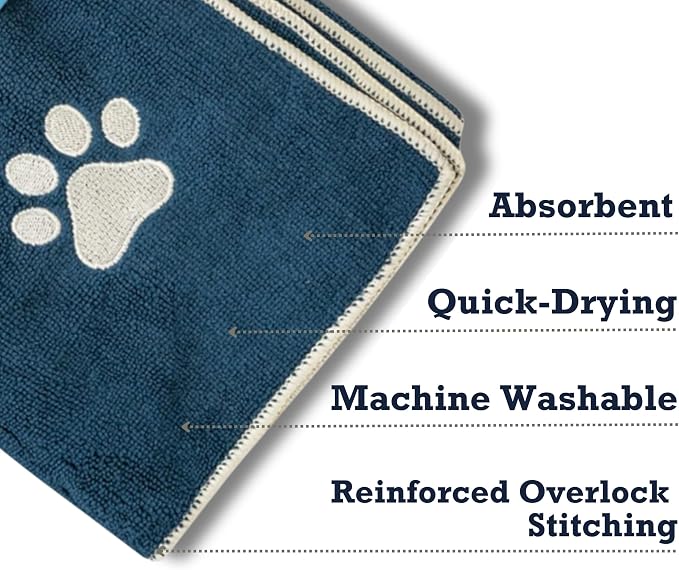 Country Living Large Marine Blue Microfiber Dog Bath Towel - Quick-Drying, Absorbent, Durable, and Machine Washable, Embroidered Paw Print, 48" x 22" for All Dog Sizes