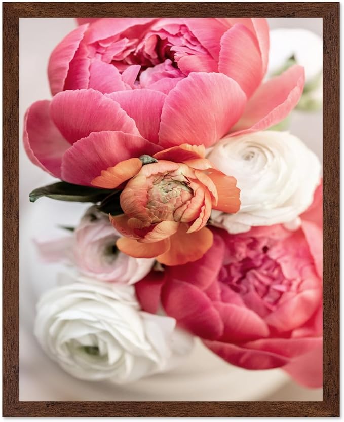 Monem Art Pink Peony Floral Macro Photography Print - Romantic Flower Art Poster - Wall Decor for Living Room, Bedroom or Office - 8x10 Brown Framed Wall Art by Mareike Bohmer