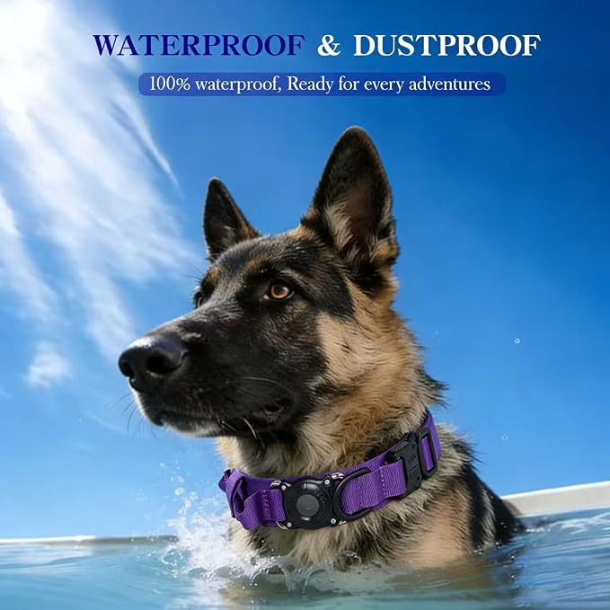 Upgraded AirTag Dog Collar,Waterproof Tactical Dog Collar with AirTag Holder, Control Handle and Metal Buckle,Heavy Duty Dog Collars for Large Dogs Adjustable Heavy Duty Dog Collars(DeepPurple，M