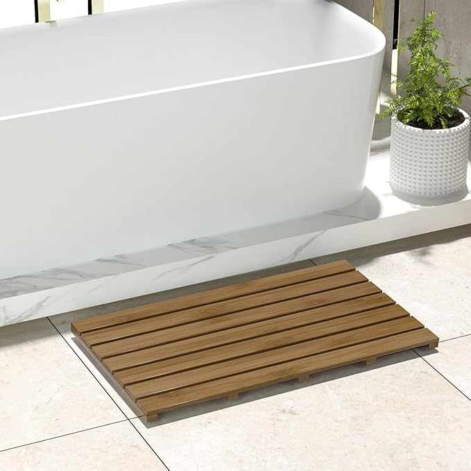 Bamboo Wooden Bath Floor Mat for Luxury Shower - Non-Slip Bathroom Waterproof Carpet for Indoor or Outdoor Use (Walnut,31.3 x 18.1 x 1.5 Inches)