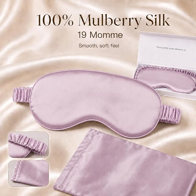 Silk Sleep Mask Light Blocking Luxury 100% Mulberry 19mm Silk Eye Mask Eye Cover Blindfold Ultra Soft Light & Comfy Anti Aging Skin Care with Travel Bag Gift Package
