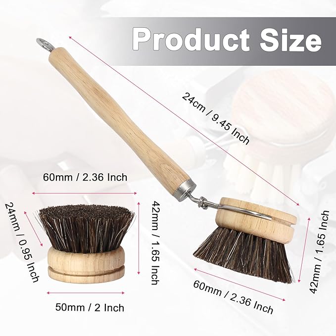 Wooden Dish Brush Set, 4 Natural Bristle Replacement Heads with 1 Sturdy Wooden Handle, Horsehair Kitchen Scrub Brush for Pots, Pans, Vegetables and Cookware