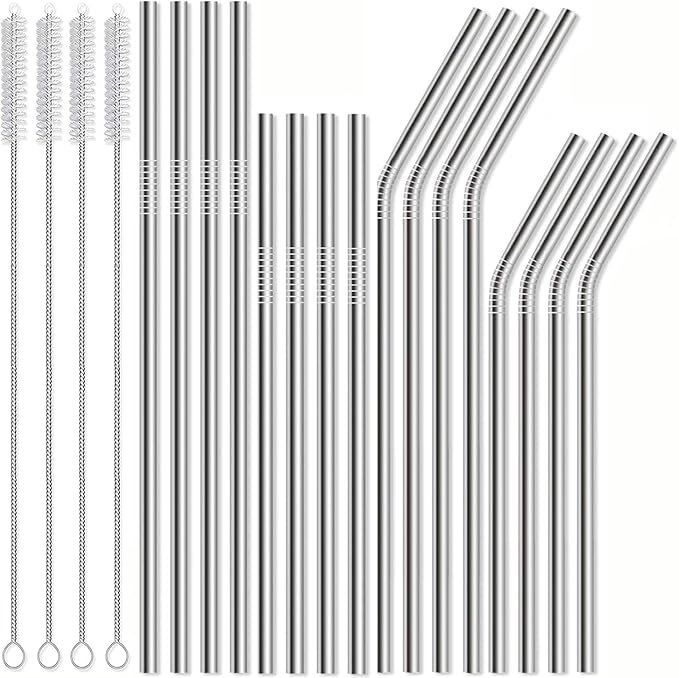 16 Pack Reusable Stainless Steel Metal Straws: 4 Straight 8.5" + 4 Bent 8.5" + 4 Straight 10.5" + 4 Bent 10.5", with 4 Cleaning Brushes, Dishwasher Safe for 20 24 30 oz Tumblers