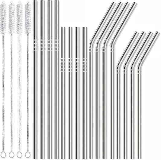 16 Pack Reusable Stainless Steel Metal Straws: 4 Straight 8.5" + 4 Bent 8.5" + 4 Straight 10.5" + 4 Bent 10.5", with 4 Cleaning Brushes, Dishwasher Safe for 20 24 30 oz Tumblers