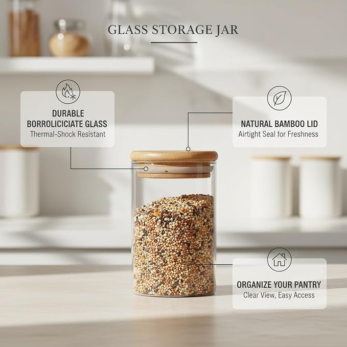 Borosilicate Glass Storage Jar with Bamboo Lid, Airtight Dry Food Canister for Kitchen Pantry & Countertop Organization
