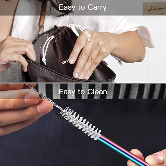 StrawExpert Set of 16 Reusable Stainless Steel Straws with Travel Case Cleaning Brush Silicone Tips Eco Friendly Extra Long Metal Straws Drinking for 20 24 30 oz Tumbler, Rainbow