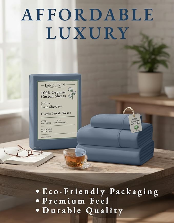 LANE LINEN 100% Organic Cotton Twin Bed Sheet Set, Luxury Hotel Style Fade Resistant Deep Pocket Machine Washable Twin Size Sheet Set, Eco Friendly Mercerized Cotton Sheets- Estate Blue