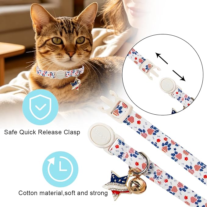 2 Pack Independence Kitten Collar Breakaway with Bell, Adjustable Safety Striped Star Flag Cat Cotton Collar for Girl Boy Cat and Small Pet，Adjustable Kitten Collar 7-12 Inch