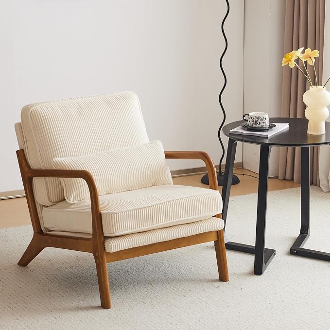 Karl home Mid-Century Modern Accent Reading Chair, Beige | Corduroy Upholstered, Solid Wood Frame, Soft Cushion, Lumbar Pillow, Lounge Armchair for Living Room, Bedroom, Balcony, Study