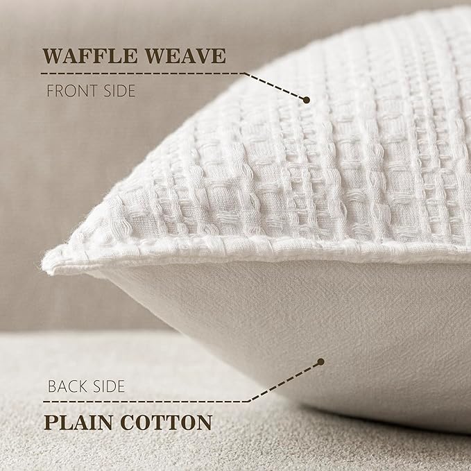 Foindtower Set of 2 Decorative Cotton Waffle Weave Lumbar Throw Pillow Covers Euro Shams Cushion Covers Accent European Pillowcase for Bed Couch Bedroom Living Room Home Decor 12×20 Inch Cream White
