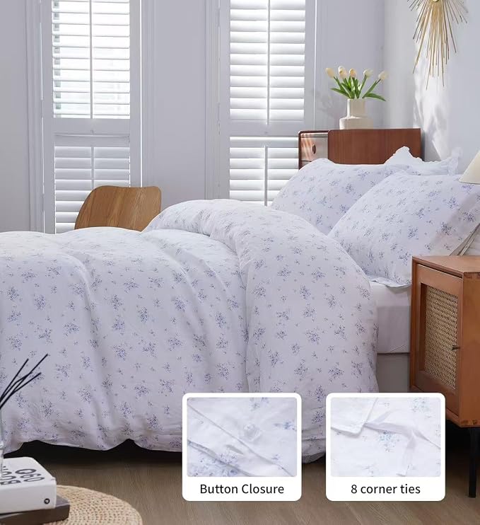 100% French Flax Linen Duvet Cover Set Queen Size, 3pcs Comforter Cover Digital Botanical Printed Rose Farmhouse Floral Bedding with Button Closure and 8 Corner Ties (Blue Rose, Queen)