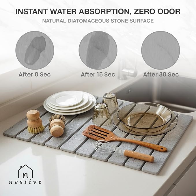 Large Stone Drying Mat for Kitchen Counter | 24"x16" | Fast Drying Collapsible Diatomaceous-Earth Mat | Super Absorbent Folding Mat for Dishes, Bottles, Glass, Heat-Resistant, Non-Slip (Light Gray)