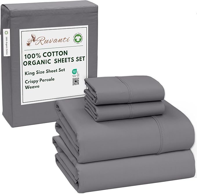 RUVANTI 100% Cotton Organic Percale Sheets King Size – Crisp Cooling Bed Sheets for Hot Sleepers, Deep Pocket 15”, Soft Peach Finish, Breathable & Durable Hotel-Style 4 Pcs, Silver Filigree
