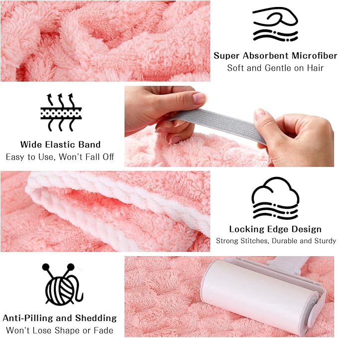 3 Pack Large Microfiber Hair Towels for Women , Super Absorbent Quick Dry Hair Wraps, 41x23 Inches with Elastic Strap, Anti-Frizz Hair Turban for Curly, Long , Thick Hair (Pink + White + Gray)