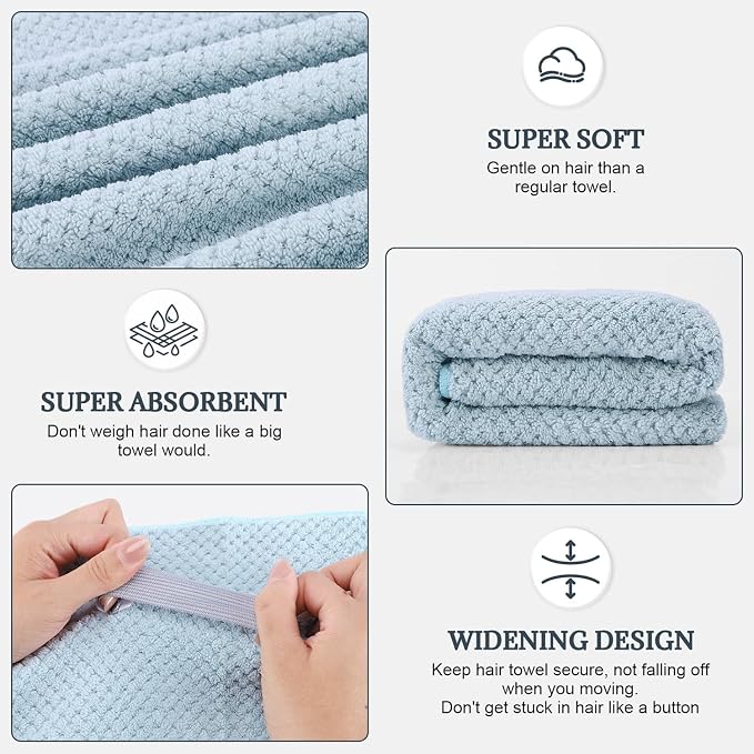 2 Pack Microfiber Hair Towel - 41 x 24 inches Super Soft, Absorbent, Fast Drying Without Frizz Hair Towel Wrap for Women Long, Thick, Curly Hair - Hair Turbans with Elastic Strap