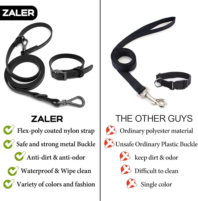 ZALER Dog Collar and Leash Set, Waterproof Adjustable Odor Proof Pet Collars Leashes Easy to Clean, 6FT Dog Leash with 2 Hooks for Large, Medium Small Dogs (L, Black)
