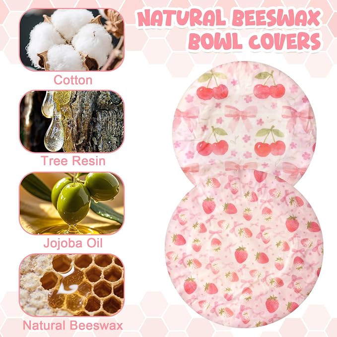 2-Pack Reusable Beeswax Bowl Covers with Pink Bow & Fruit Pattern, 10/12 Inch Elastic Cotton Food Storage Covers for Bread Proofing, Sourdough Dough & Kitchen Containers