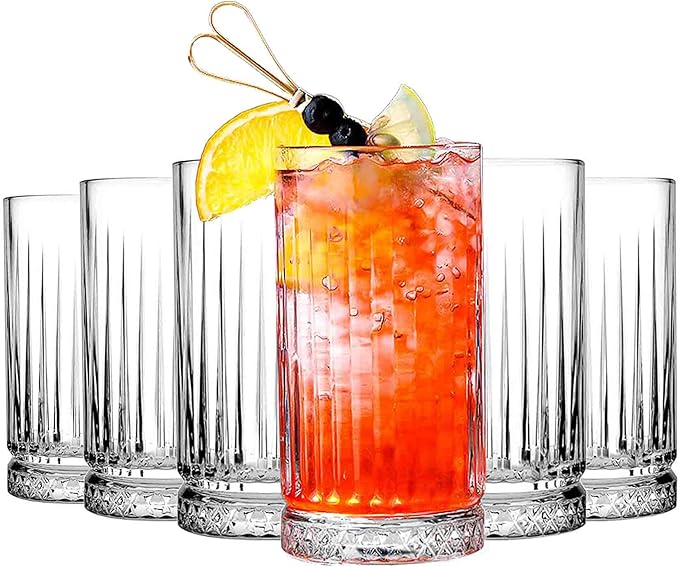 Highball Glasses Set of 6-14 oz Tall Glasses Drinking Set - Elegant Glassware Drinking Glasses for Water, Ice Coffee, Cocktail, Cold Beverage