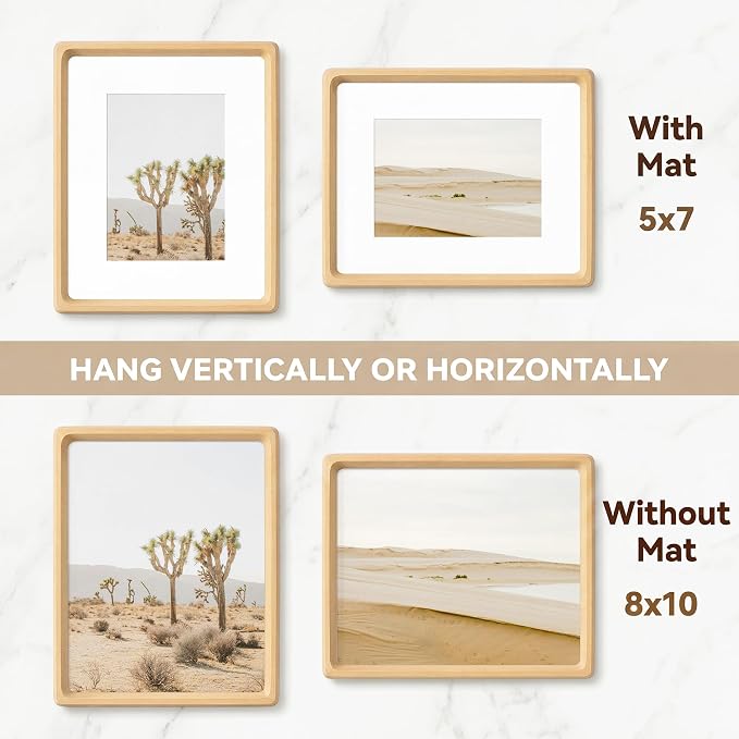 8x10 Picture Frame Set of 2, USA-Sourced Beech Wood Photo Frame with HD Tempered Glass, Handcrafted Rounded Corner 8 x 10 Wooden Frames Matted to 5x7 Photos, 8x10 Frames, Tabletop or Wall Display