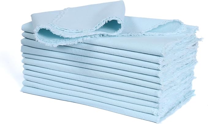 Ramanta Home Cloth Napkins Set of 12 Light Blue 18x18 Inch - Spring Soft & Durable Frayed Dinner Napkin for Easter Wedding, Birthday | Heavy Weight Fabric Table Linen for Everyday Use Family Dinners
