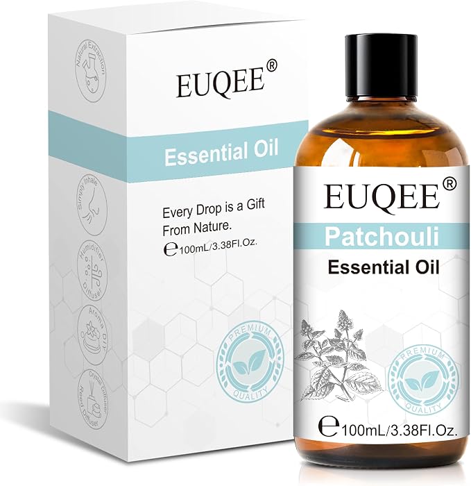 EUQEE 100ml Patchouli Essential Oil, Pure Patchouli Essential Oil for Diffuser, Massage, DIY Soap,Candle Making, Skin & Hair Care - 3.38 Fl Oz