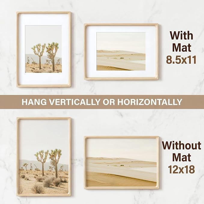 12x18 Poster Frame, USA-Sourced Maple Wood Picture Frame with HD Tempered Glass, Handcrafted Rounded Corner 12 x 18 Wooden Frames Matted to 8.5x11 Photos, Horizontal or Vertical Wall Display