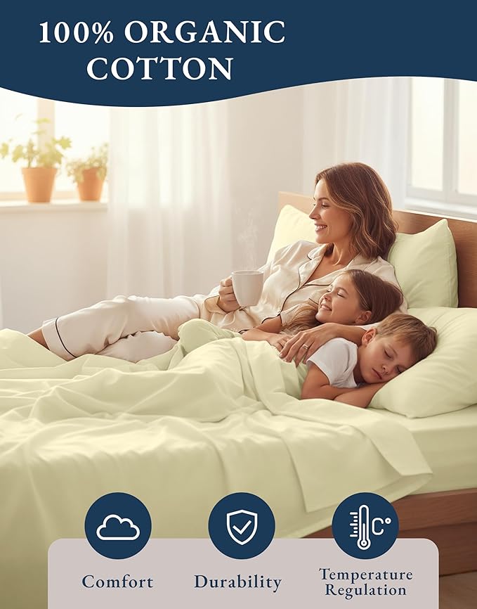 LANE LINEN 100% Organic Cotton Twin Bed Sheet Set, Soft, Comfy & Breathable Hotel Style Percale Bedding Sheets & Pillowcases Set, Mercerized Cotton Fully Elasticized Sheets Twin- Vanilla