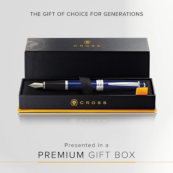 Cross Bailey Blue Lacquer Stainless Steel Medium Nib Fountain Pen - Professional Fountain Pen for Effortless Writing - Refillable - Black Ink - Gift-Ready