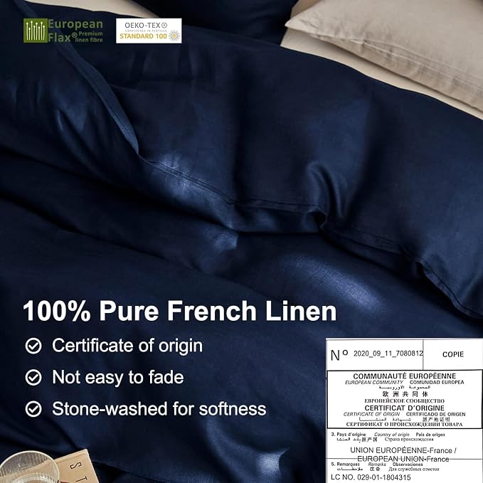 TOSMO Linen Duvet Cover Set, 100% French Flax Natural Linen Bedding 3pcs Set, Soft Breathable for Hot Sleepers 1 Duvet Cover and 2 Pillowcases (Navy, King)