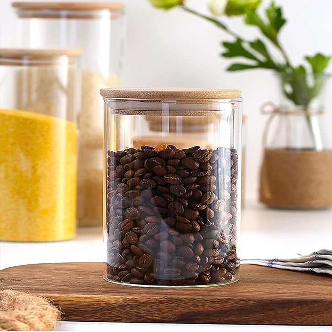 Aoeoe 4 Pack Glass Storage Jars with Airtight Bamboo Lid, 27 OZ Glass Kitchen Canisters, Clear Container for Coffee Bean Storage, Dry Goods, Cookie, Candy, Tea, Spices and More