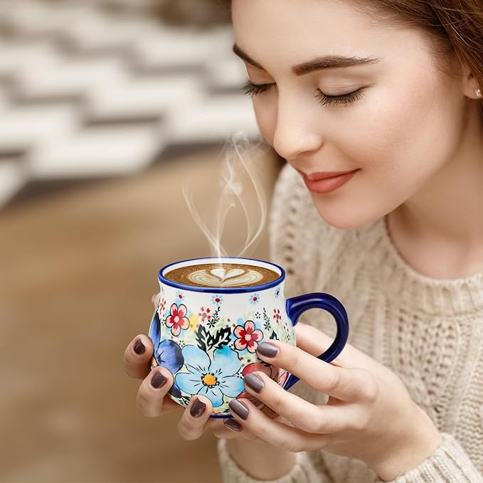 13oz Ceramic Coffee Mug, Hand-Painted Floral Polish Pottery Style Cup, Large Stoneware Tea Mug with Handle, Microwave & Dishwasher Safe (Flower B)