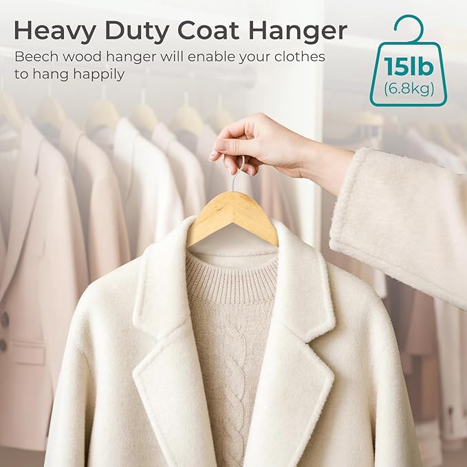 HOUSE DAY Premium Wooden Hangers 100 Pack, Heavy Duty & Durable Coat Hanger | Natural Wood Suit Hangers, 360° Swivel Hook & Pant Bar, Ideal for Jackets, Dresses, Shirts, Perfect for Closet Organization