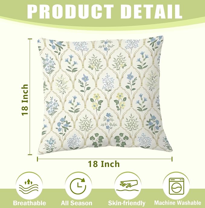 Blue and Green Floral Block Print 18x18 Pillow Cover, Cottagecore Home Decor, Vintage Grandmillennial Botanical Wildflower Decorative Throw Pillow Cover for Home Bedroom Living Room