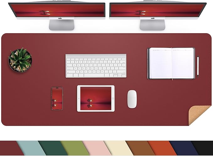 AFIING Leather Desk Pad Protector, Large Desk Mat with Natural Cork & PU Leather, Mouse Pad, Non-Slip, Waterproof Desk Writing Pad for Office and Home, Red