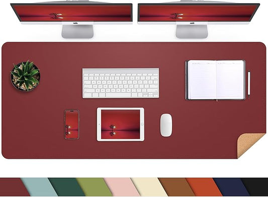 AFIING Leather Desk Pad Protector, Large Desk Mat with Natural Cork & PU Leather, Mouse Pad, Non-Slip, Waterproof Desk Writing Pad for Office and Home, Red