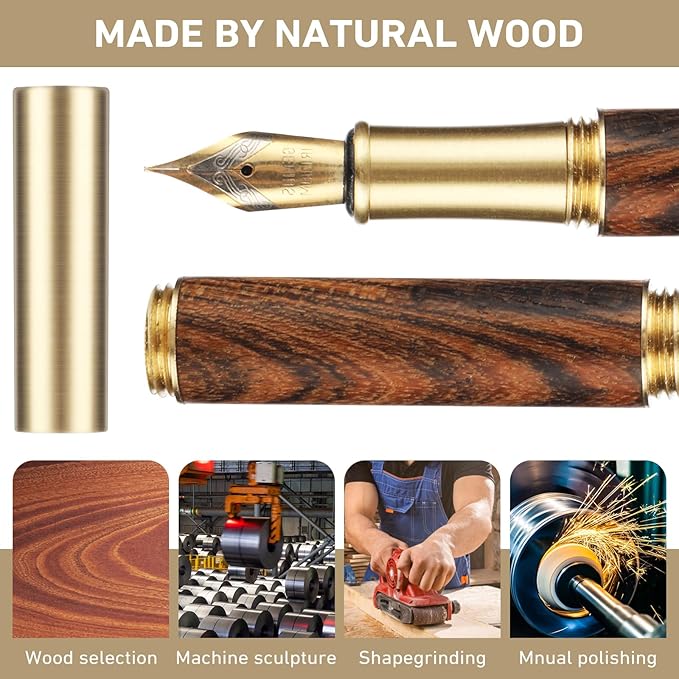 Andibro Handcrafted Wooden Fountain PenShort Paragraph (85mm) Pocket Mini Travel Fountain Pen Fancy Pens with 15 Pcs 2.6mm Black Ink Cartridges for Journaling Office School Supplies (Brown)