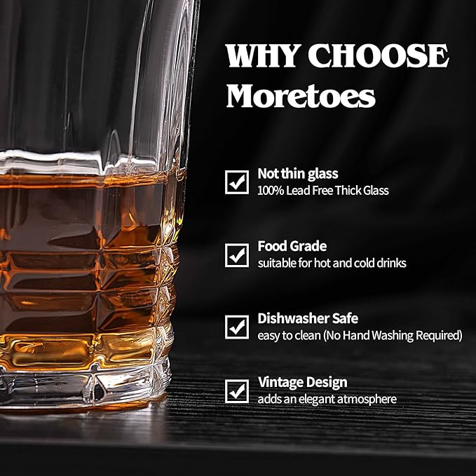 Moretoes Drinking Glasses Set of 12, 6 Highball Glasses 12 Oz,6 Rocks Glasses 10 Oz,Mixed Drink Cocktail Glass, Vintage Embossed Glassware Sets for Whiskey, Cocktails, Water & Juice