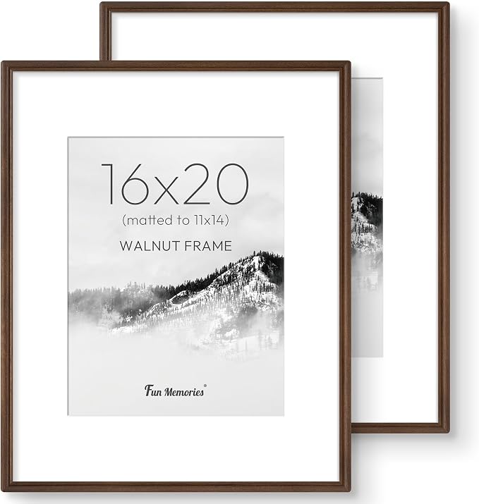 16x20 Picture Frame with Mat for 11x14, USA-Sourced Walnut Wood Handcrafted Rounded Corner with HD Tempered Glass, 16 x 20 Photo Frames Gallery Wall & Tabletop, Vertically or Horizontally, 2 Pack