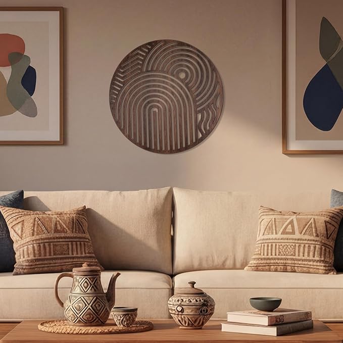 Yerliker Mid Century Modern Wood Wall Art Small Walnut Geometric Wall Sculpture 11.81 Inch Boho Minimalist Abstract Panel Decor for Living Bedroom, Office, Entryway Vertical Hanging Art(Circular)