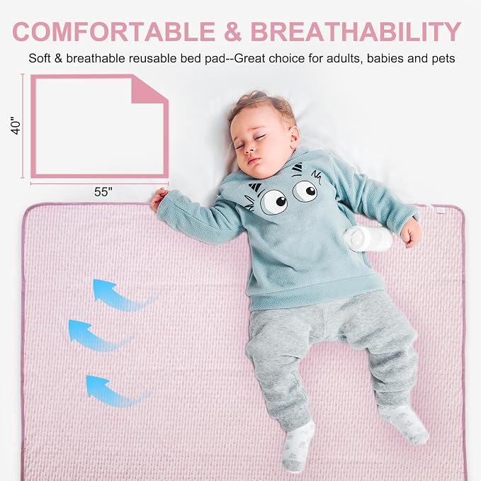 Bed Pads for Incontinence Washable, 40"x55" Large Reusable Waterproof Soft Wetting Underpad for Adults, Elderly, Seniors, Women, Kids & Pets, Machine Washable Pad for Bed, Sofa-Pink