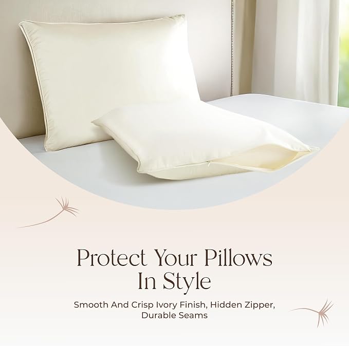 Organic Cotton Pillow Protector Standard Size - 100% Cotton GOTS Certified Pillow Case Protector with Zipper - Hypoallergenic Machine Washable Edge Piping & Breathable Cover - 2 Pack (Ivory, Standard)