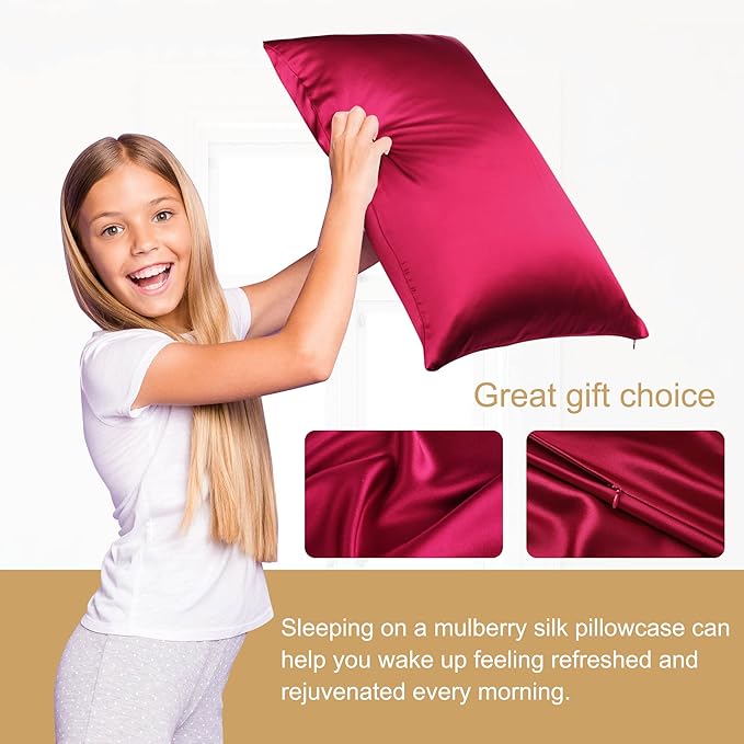 uxcell 1 Pack 100% Charmeuse Pure Silk Pillowcase for Hair and Skin, 350TC 19 Momme Soft Breathable Pillow Case with Hidden Zipper, Burgundy Silk Pillowcase Travel (14x20inch)