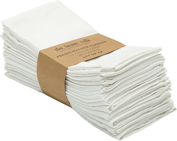 Set of 12 Cloth Napkins, 18 X 18 Inches, 100% Cotton Premium Quality Cloth Napkins with Mitered Corners, Durable, Absorbent, Table Dinner Napkins Cloth for Lunch, Restaurant, Weddings, Parties, White