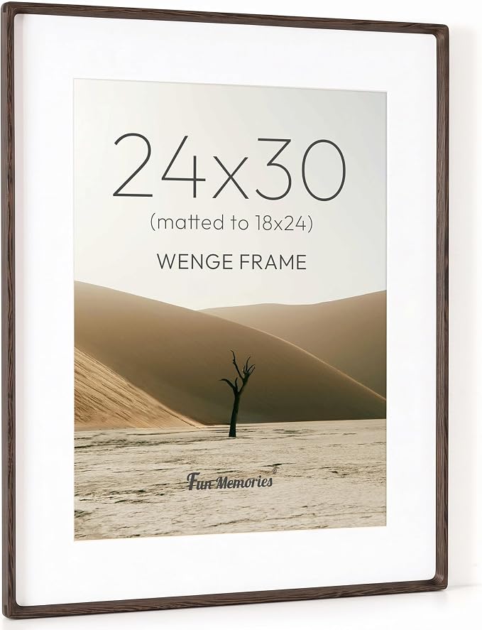 Fun Memories 24x30 Poster Frame, Natural Wenge Wood Picture Frame with HD Tempered Glass, Handcrafted Rounded Corner 24 x 30 Wooden Frames Matted to 18x24 Photos, Horizontal or Vertical Wall Display